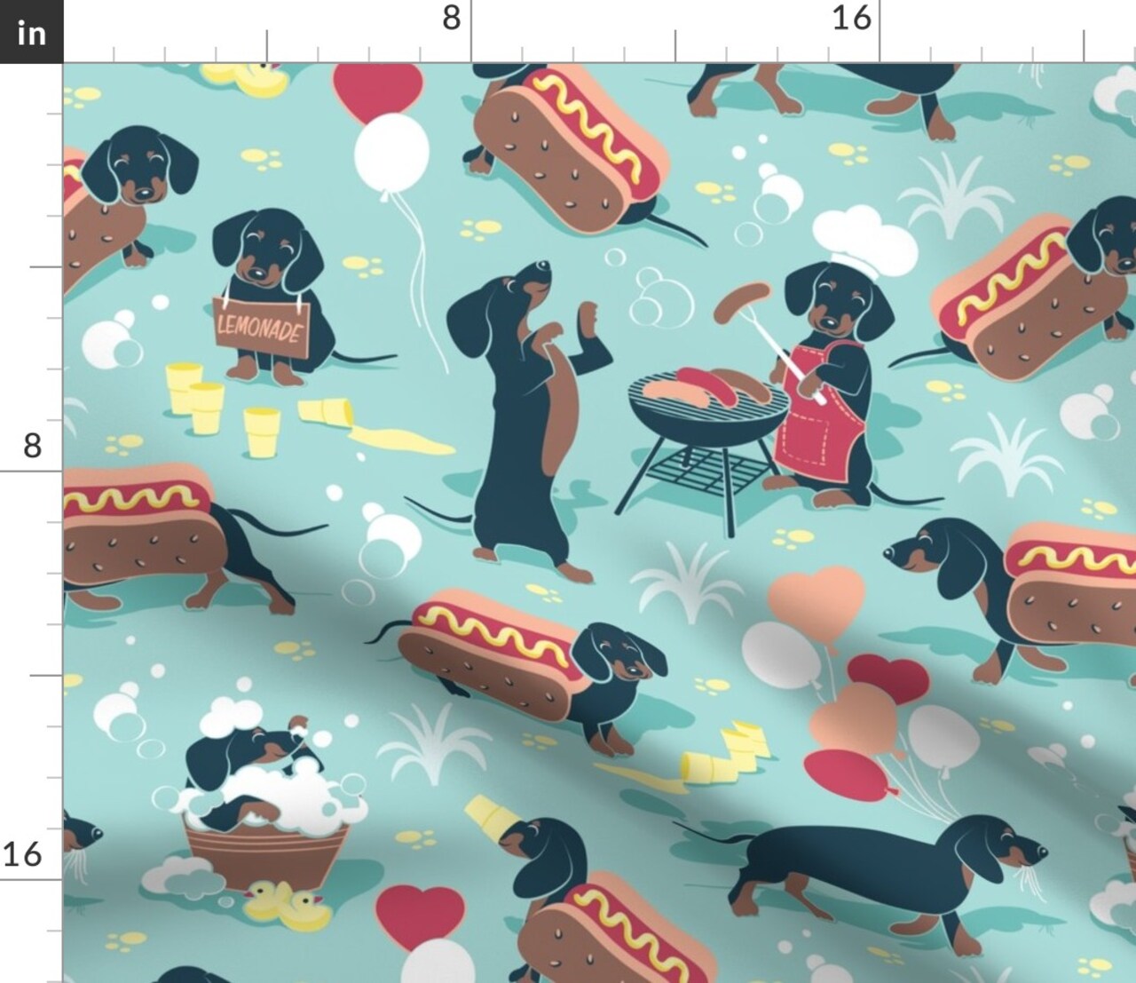 Hot Dogs Lemonade Aqua Blue Doxie Dachshund Summer Barbecue Custom Printed Fabric by Spoonflower Various Fabrics by the Yard or Fat Quarter 7452175